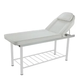 Pat masaj COXI Weelko cu cadru metalic alb și spătar reglabil.