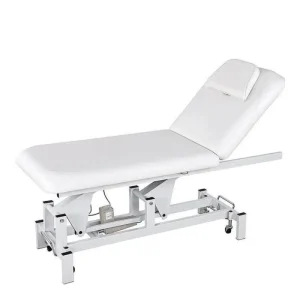 Pat masaj LUMB – 2 secțiuni, reglare electrică 47–88 cm, spătar 0–70°, tetieră cu orificiu facial, roți retractabile.