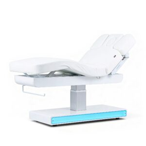 Pat masaj electric cu LED Weelko Nush+, tapițerie PU alb fără cusături, bază din lemn alb / Массажный стол с LED-подсветкой Weelko Nush+, бесшовная белая обивка PU, белое деревянное основание