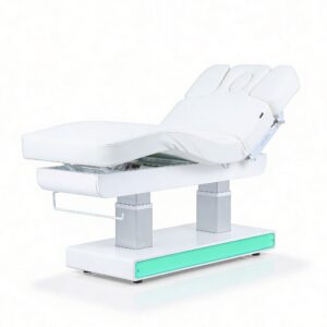 Pat spa cu Trendelenburg Weelko Muse+, tapițerie PU alb, bază din lemn lăcuit alb cu LED RGB / Спа-кровать с положением Тренделенбурга Weelko Muse+, белая обивка PU, основание из белого лакированного дерева с RGB LED