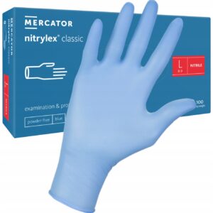 Mănuși de nitril mărimea L Mercator Nitrylex Classic albastre, cutie de 100 buc, eticheta roșie L 8–9