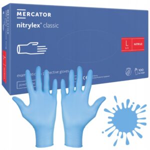 Нитриловые перчатки размера L Mercator Nitrylex Classic синие, коробка 100 шт, красная этикетка L 8–9