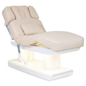 Pat spa electric cu încălzire și 4 motoare Habys Melia bej, cu bază albă din lemn, vedere din față / Спа-кушетка с подогревом и 4 моторами Habys Melia бежевая, с белым деревянным основанием, вид спереди